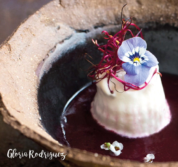 Cold beetroot cream with Artenara cheese whip and olive oil from Las Tirajanas