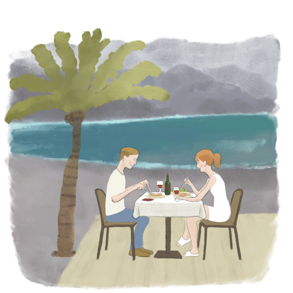 Ilustración de unos jóvenes desenfadados comen y toman vino tinto en una mesa de mantel blanco en una plataforma de madera sobre la arena oscura, junto a ellos un cocotero, al fondo el mar y a lo lejos las montañas