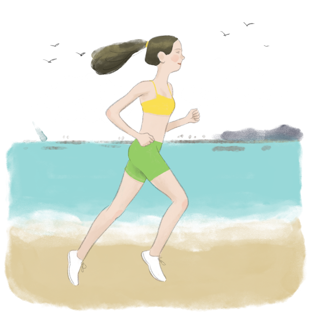 Ilustración de una chica joven que hace deporte por la orilla de la playa