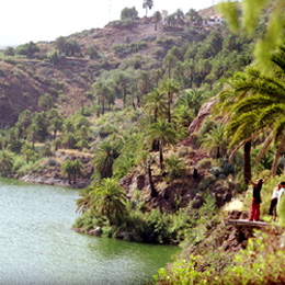 Ett par betraktar dammen Sorrueda i det inre av Gran Canaria