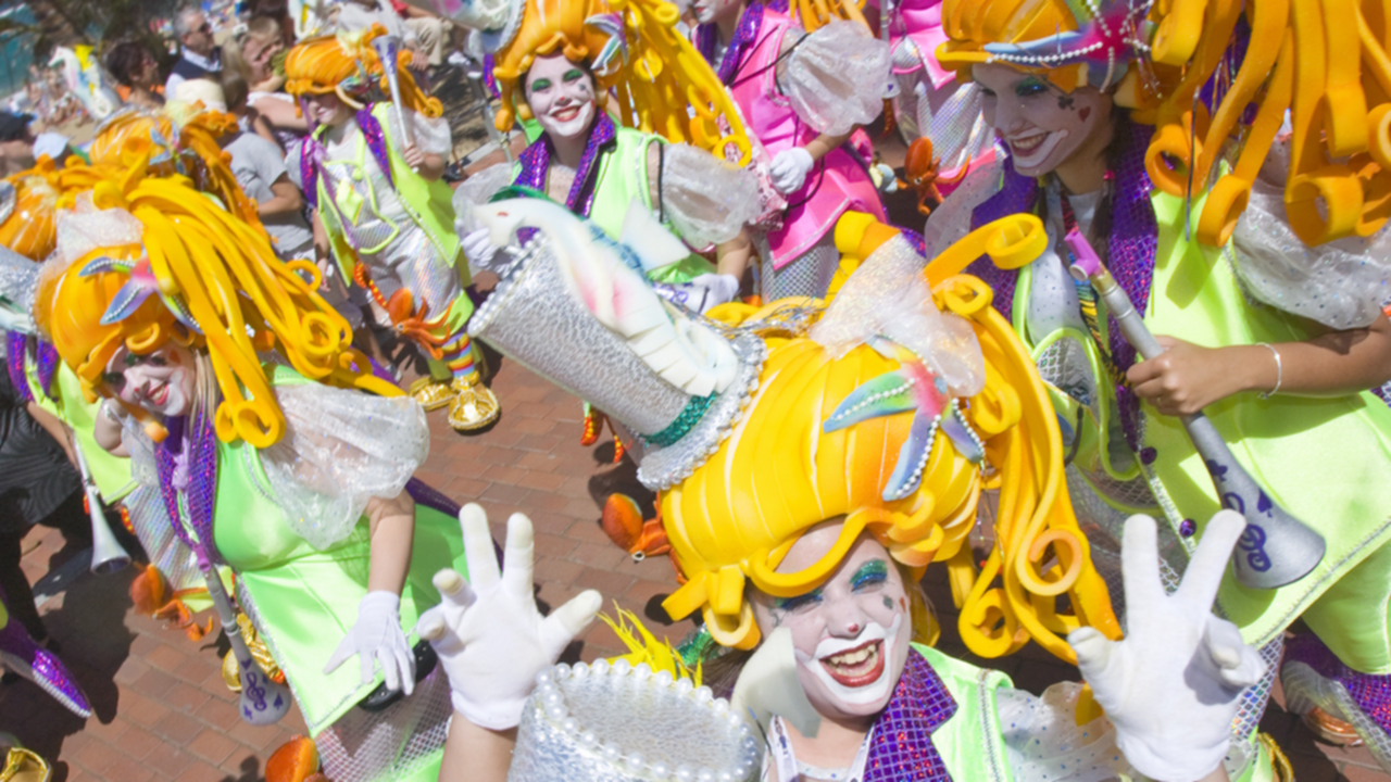 "Murga" carnival singing group. Las Canteras Avenue