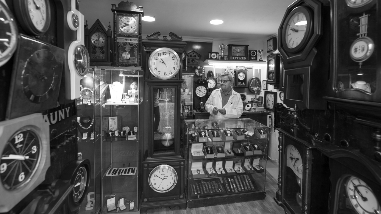 Pedro Macías at his workshop of watchmaker Pedro Macías in the district of Vegueta in Las Palmas de Gran Canaria 