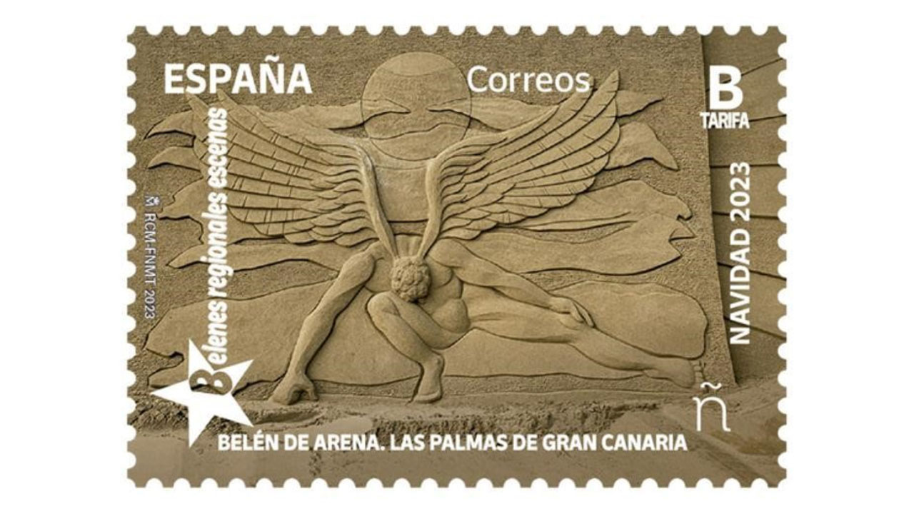 Postal stamp with the image of the Belén de Arena of Las Canteras beach