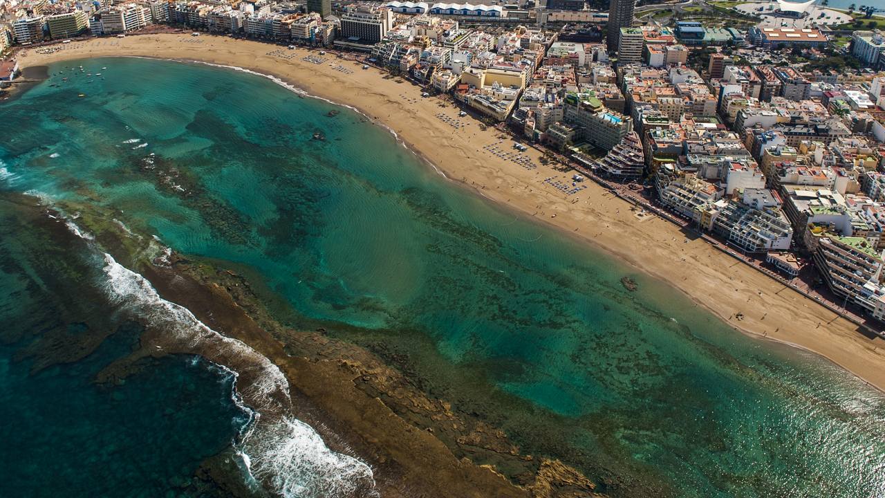 Aerial views over Las Canteras beach, in the city of Las Palmas de Gran Canaria