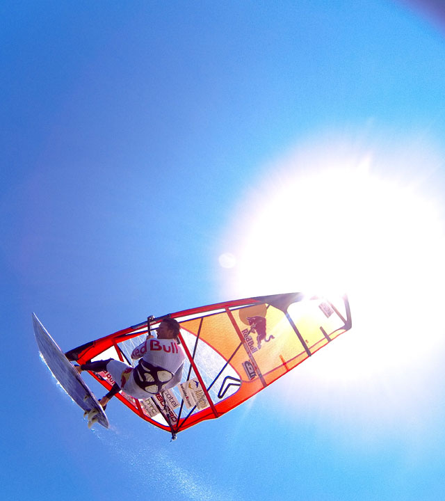 Björn Dunkerbeck on his windsurf board in Playa de Vargas, Gran Canaria