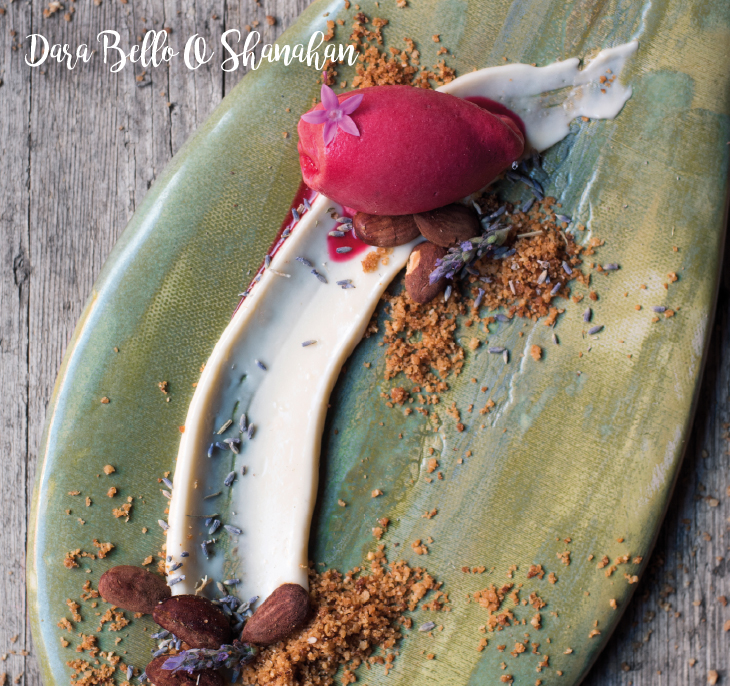 Tarta de queso de Flor de Guía con sorbete de tuno indio y crujiente de Almendras de Tejeda