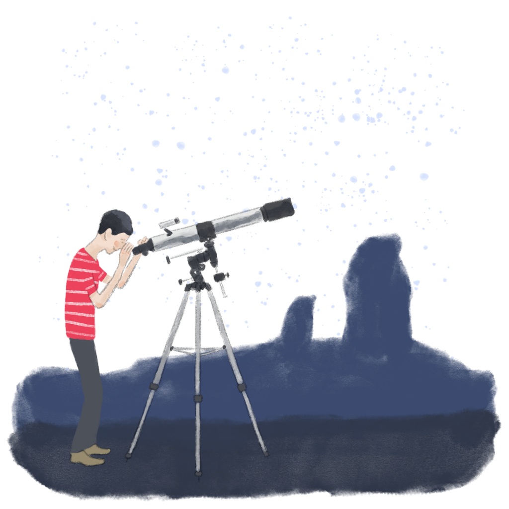 Ilustración de un joven mirando por un telescopio bajo un cielo lleno de estrellas azuladas con la sombra del roque nublo como horizonte