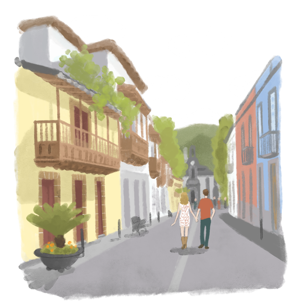 Ilustración de una pareja caminan de la mano por el empredado del camino peatonal hacia la basílica de nuestra señora del pino en Teror, a los lado del camino los balcones y coloridas casas tradicionales