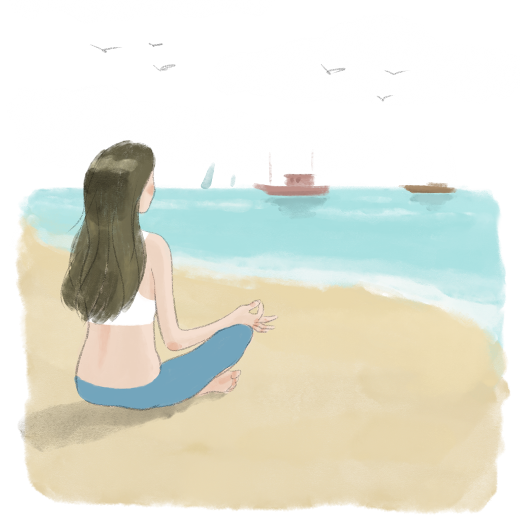 Ilustración de una chica meditando con las piernas cruzadas a la orilla de una playa, al fondo en el mar veleros y un pesquero, en el cielo las gaviotas