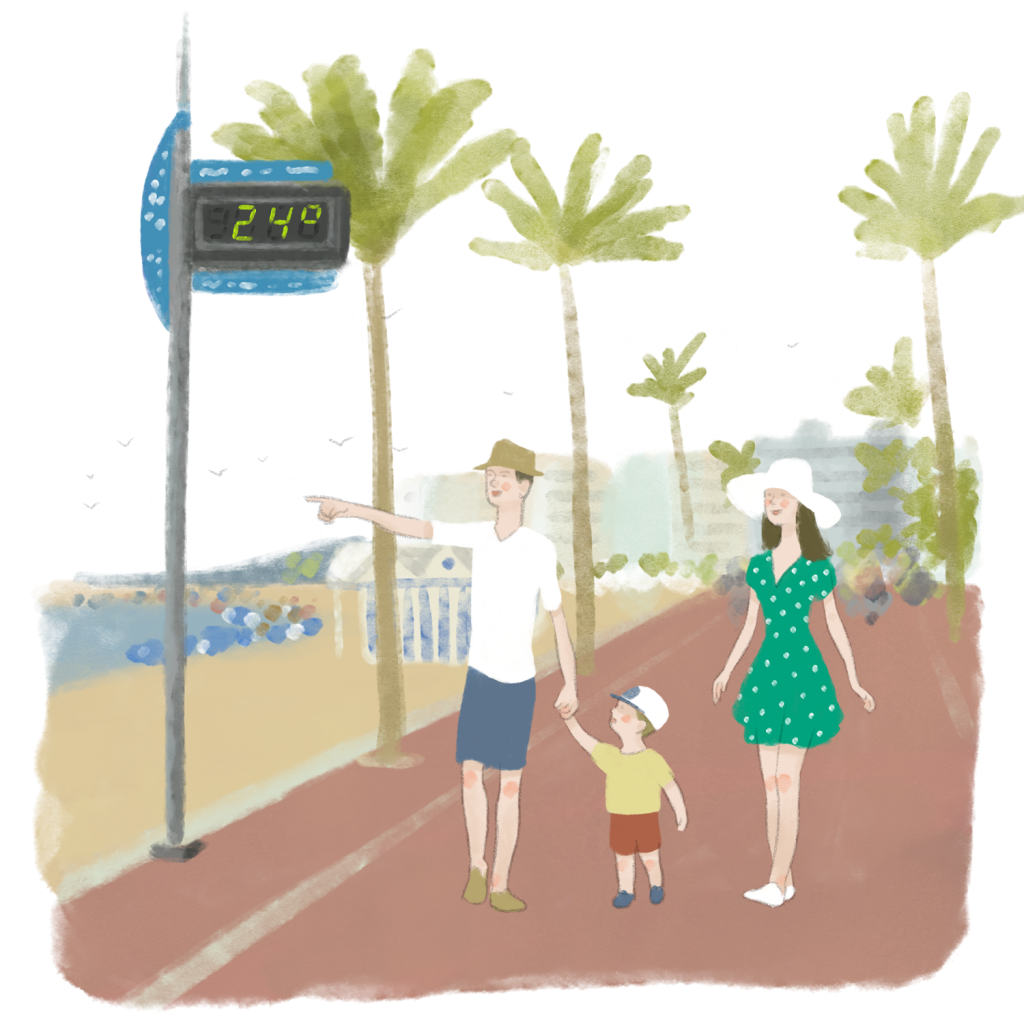 Ilustración de una familia paseando mientras el padre señala a la playa, de fondo un termómetro marca 24 grados centígrados