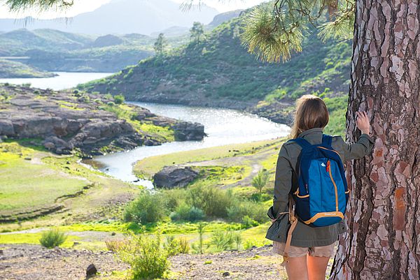 Mujer se apoya en un árbol para contemplar el paisaje de La Presa de las Niñas en Gran Canaria.