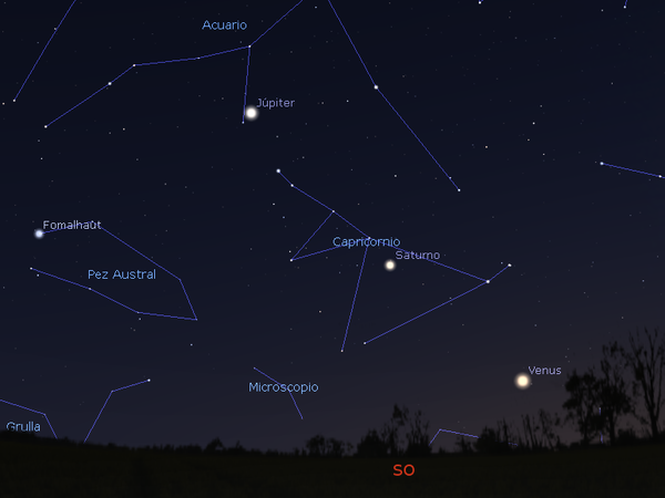 La noche de navidad mirando al Suroeste durante la primera hora de la noche. Alineación entre Venus, Saturno y Júpiter