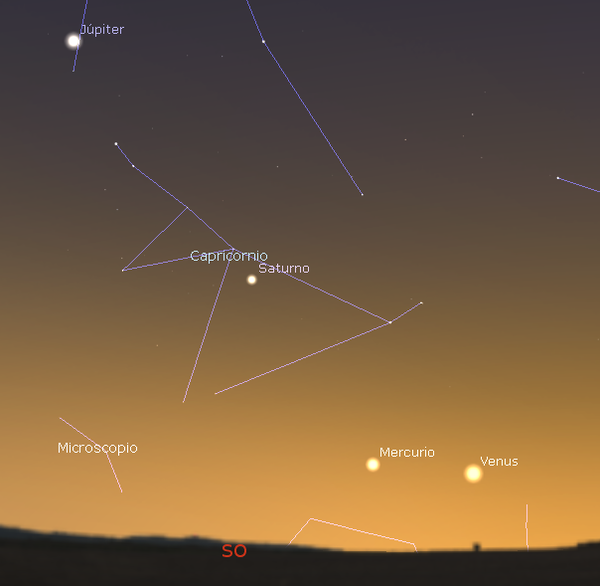 Mirando al Suroeste tras la puesta de Sol el 31 de diciembre de 2021. Espectacular conjunción planetaria entre Venus y Mercurio.