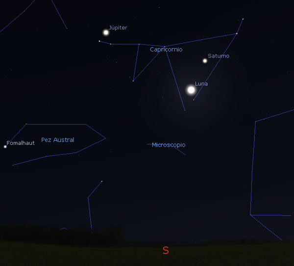 Conjunción entre Saturno y Júpiter con la Luna creciente el día 10 de noviembre