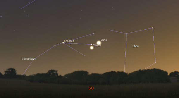 Conjunción entre Venus y La Luna creciente el día 9 de octubre poco después de la puesta de Sol hacia el Oeste. A la izquierda la brillante Antares.