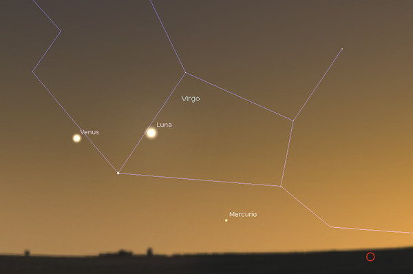 Mirando al Oeste tras la puesta de Sol el 9 de septiembre. Posición de Mercurio, La Luna Creciente y Venus.