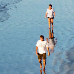 Un couple se promène en bord de plage