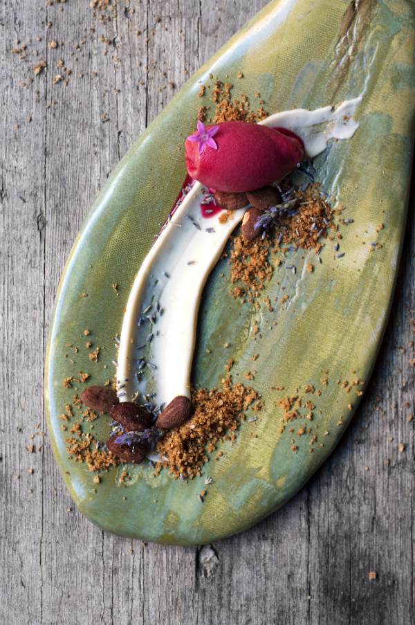 Tarta de queso de Flor de Guía con sorbete de tuno indio y crujiente de Almendras de Tejeda