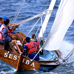 A lateen sailing boat in full sail